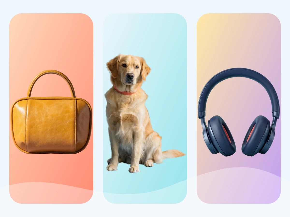 Bolso, perro y audífonos aislados sin fondo como ejemplos de resultados de un background remover.