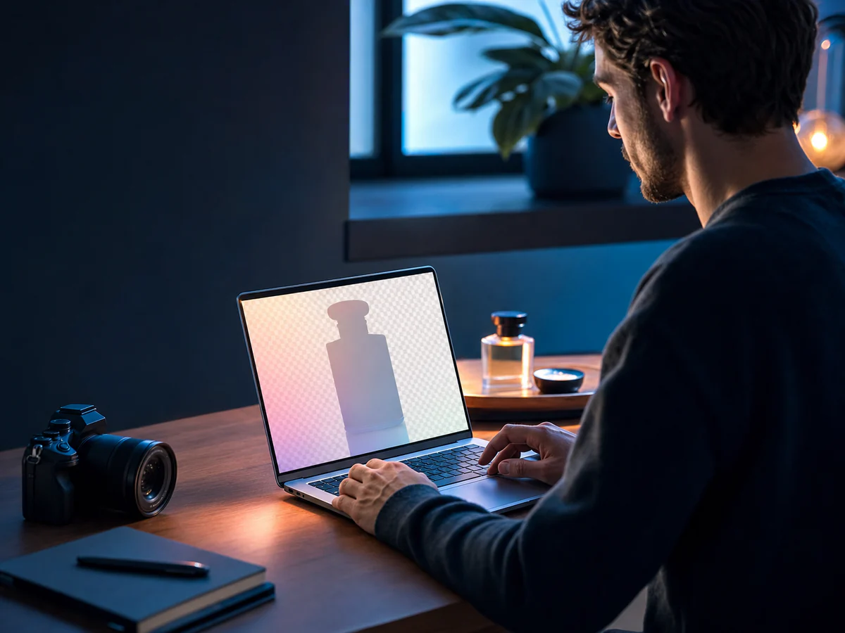 Profesional editando localmente una fotografía de producto en un portátil, junto a una cámara.