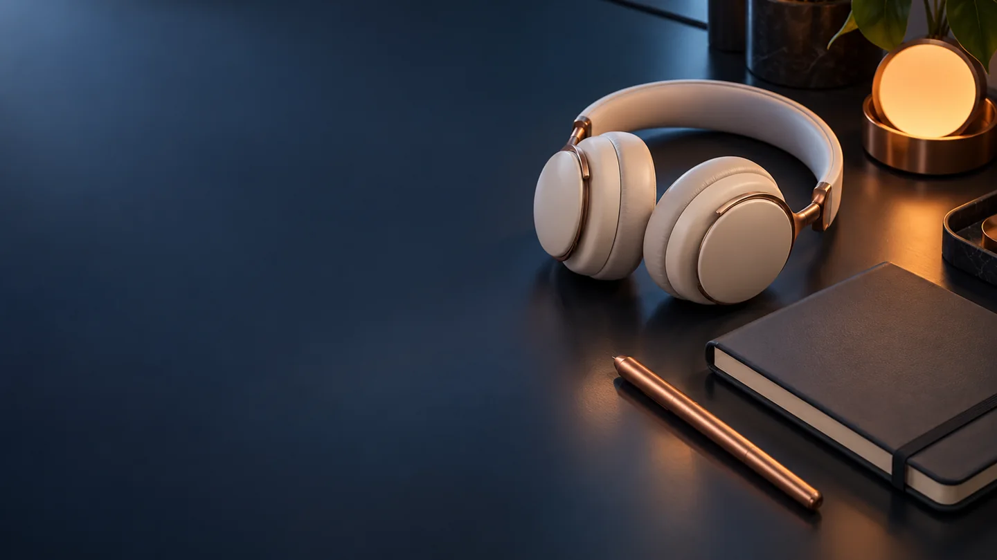 Auriculares y objetos de trabajo sobre una mesa con tonos cobre y azul grafito