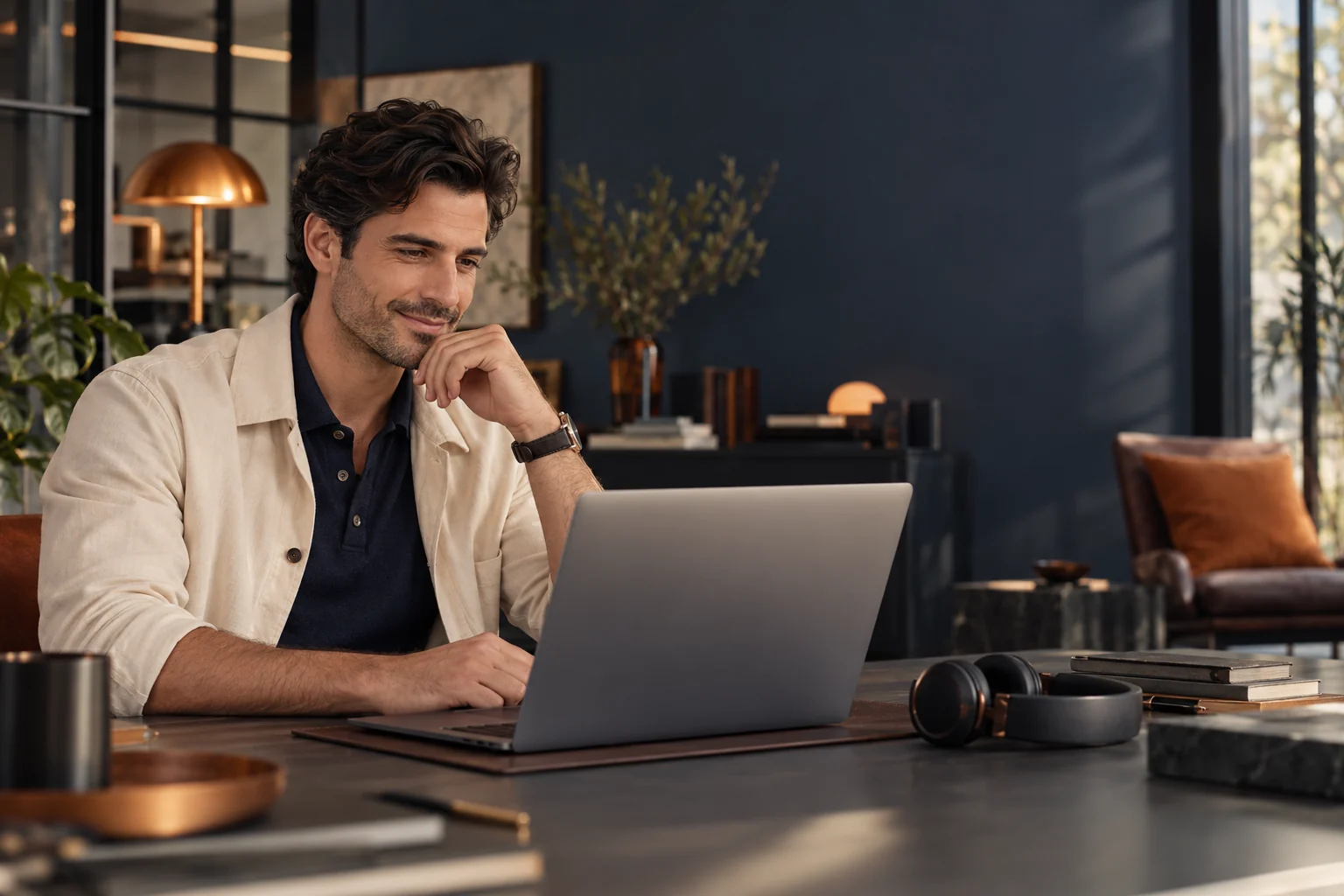 Hombre trabajando con un portátil en un estudio cálido