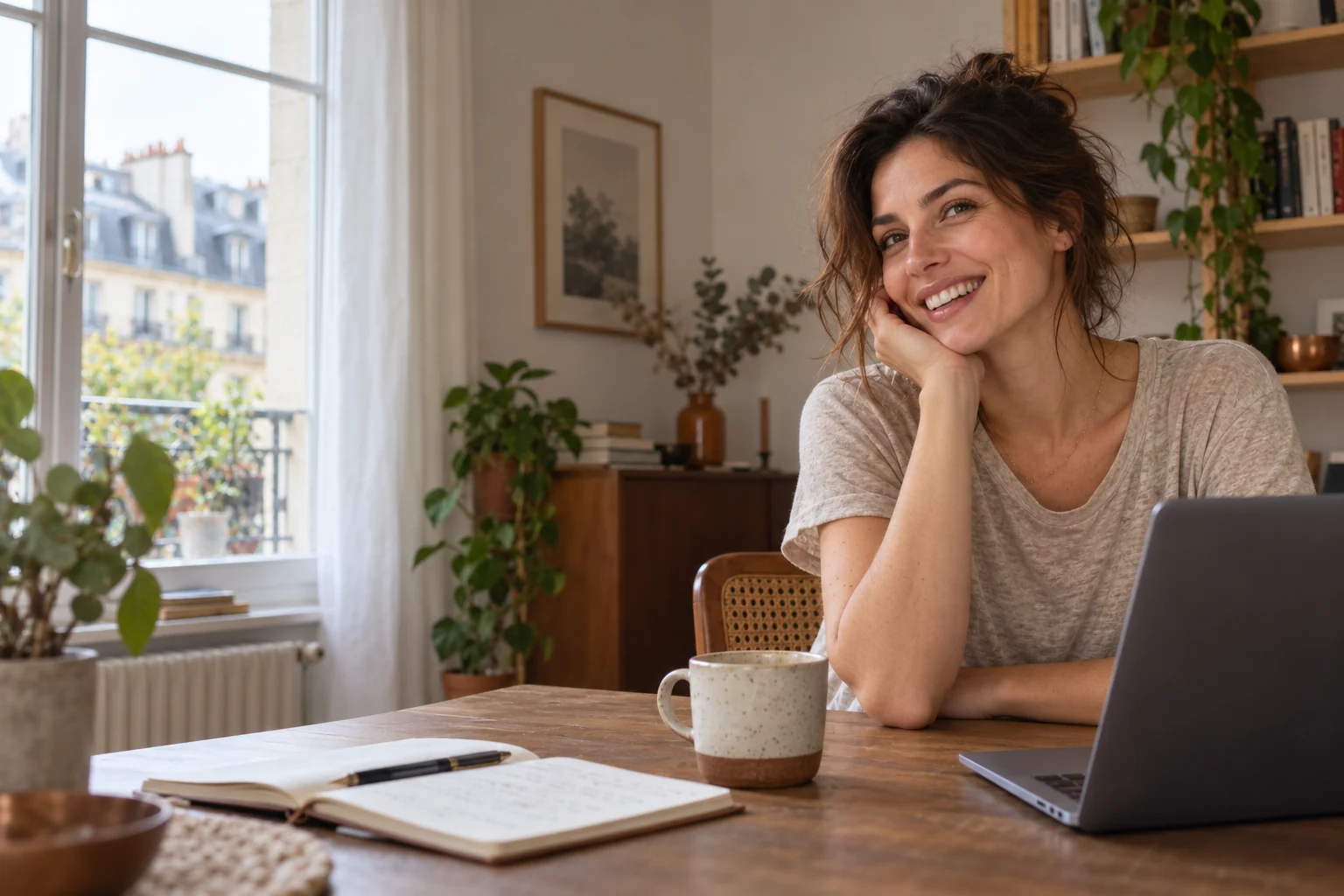 Mujer sonriendo junto a su portátil en una casa luminosa