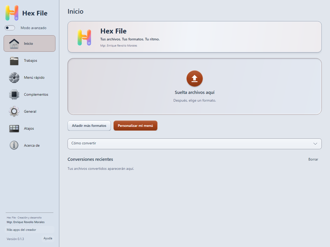 Captura real de Inicio de Hex File 0.1.3 con el tema Perla y sus colores predeterminados.