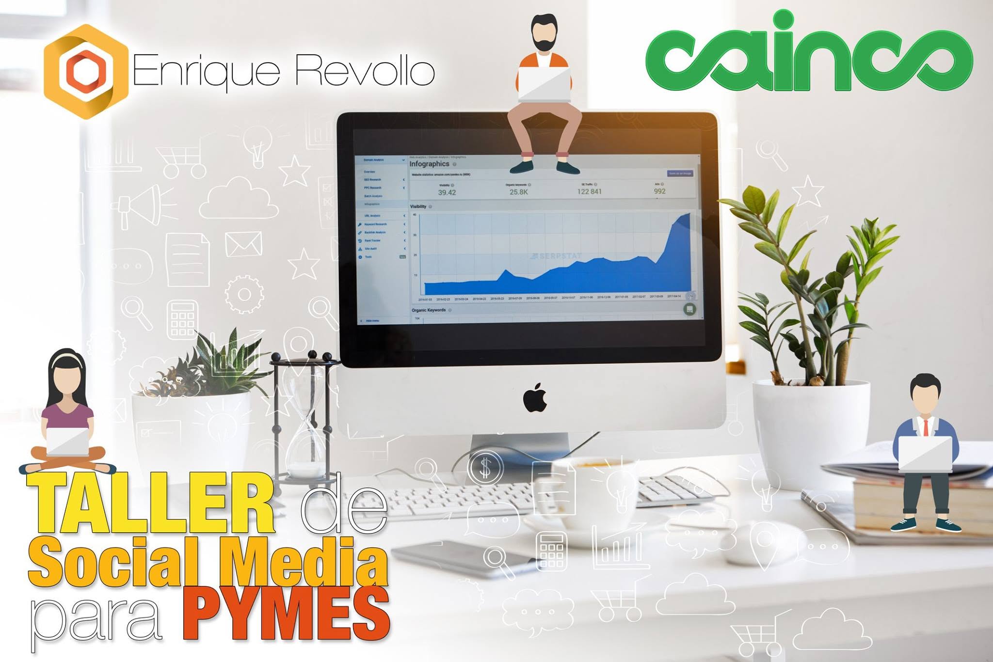 Arte del taller Social Media para PYMES de Enrique Revollo en CAINCO, con ambos logotipos.