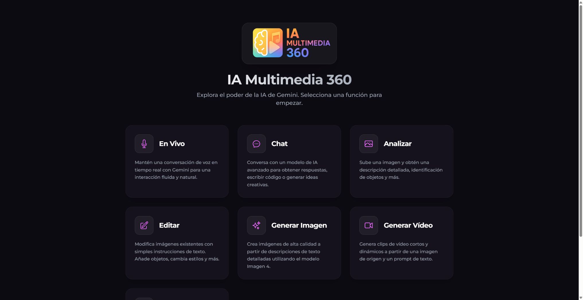 Inicio original de IA Multimedia 360 con accesos a conversación, análisis, edición, imagen y video.
