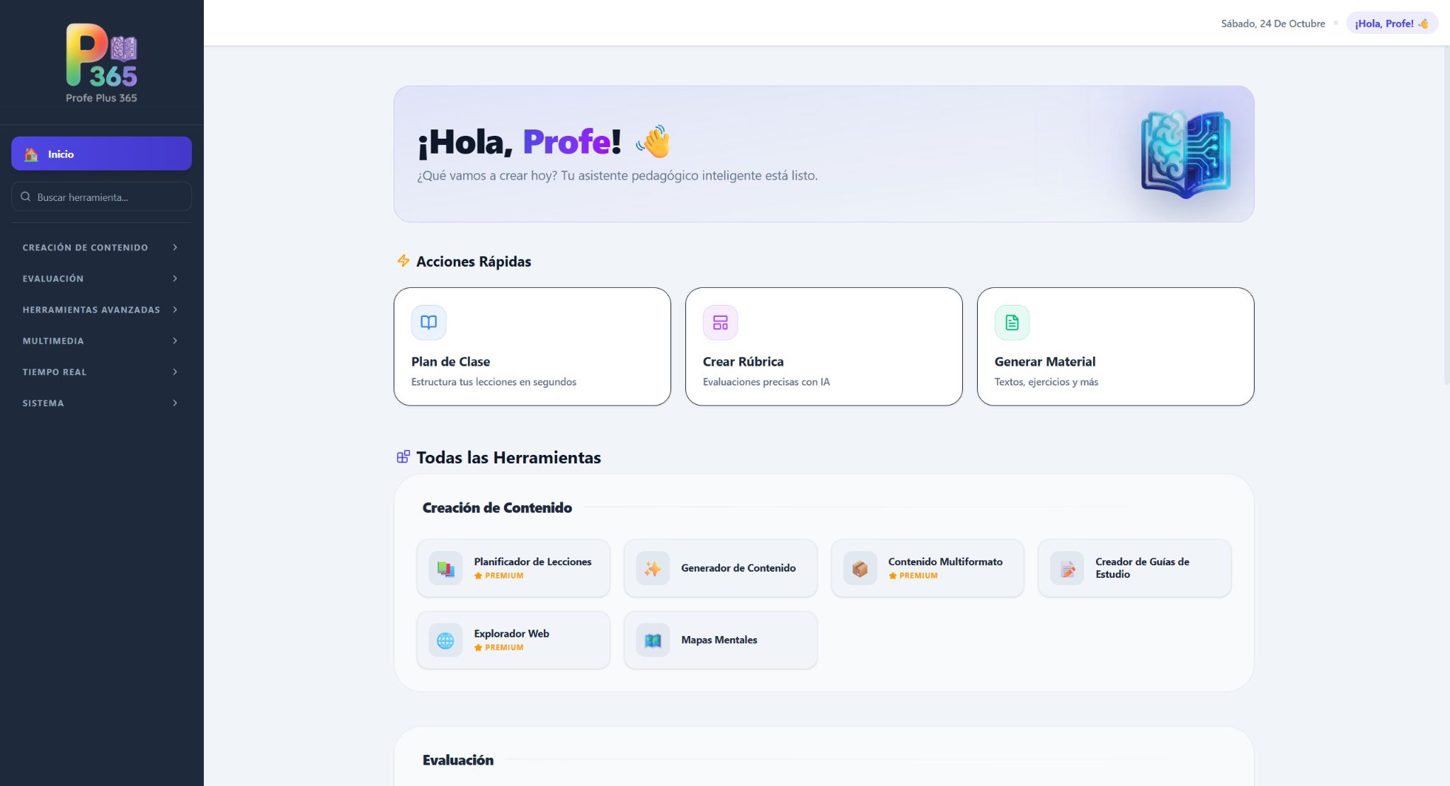 Inicio original de Profe Plus 365 con accesos a planificación de clases, rúbricas y materiales educativos.
