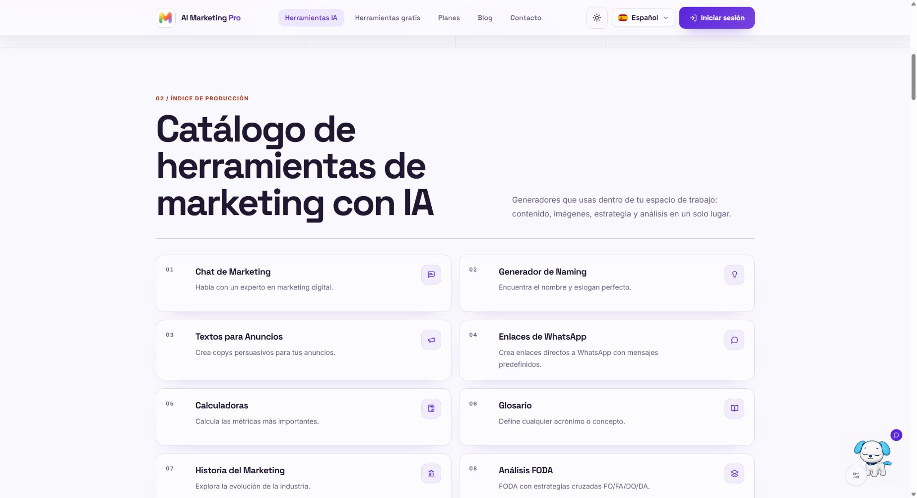 Catálogo público de AI Marketing Pro con herramientas de chat, naming, anuncios, enlaces y calculadoras.