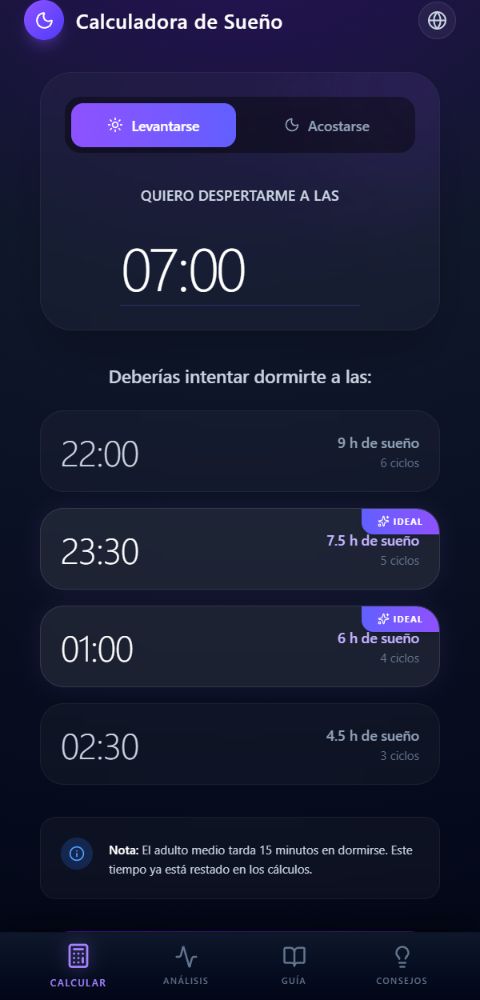 Calculadora del Sueño en formato móvil con hora de despertar y horarios orientativos calculados por ciclos.