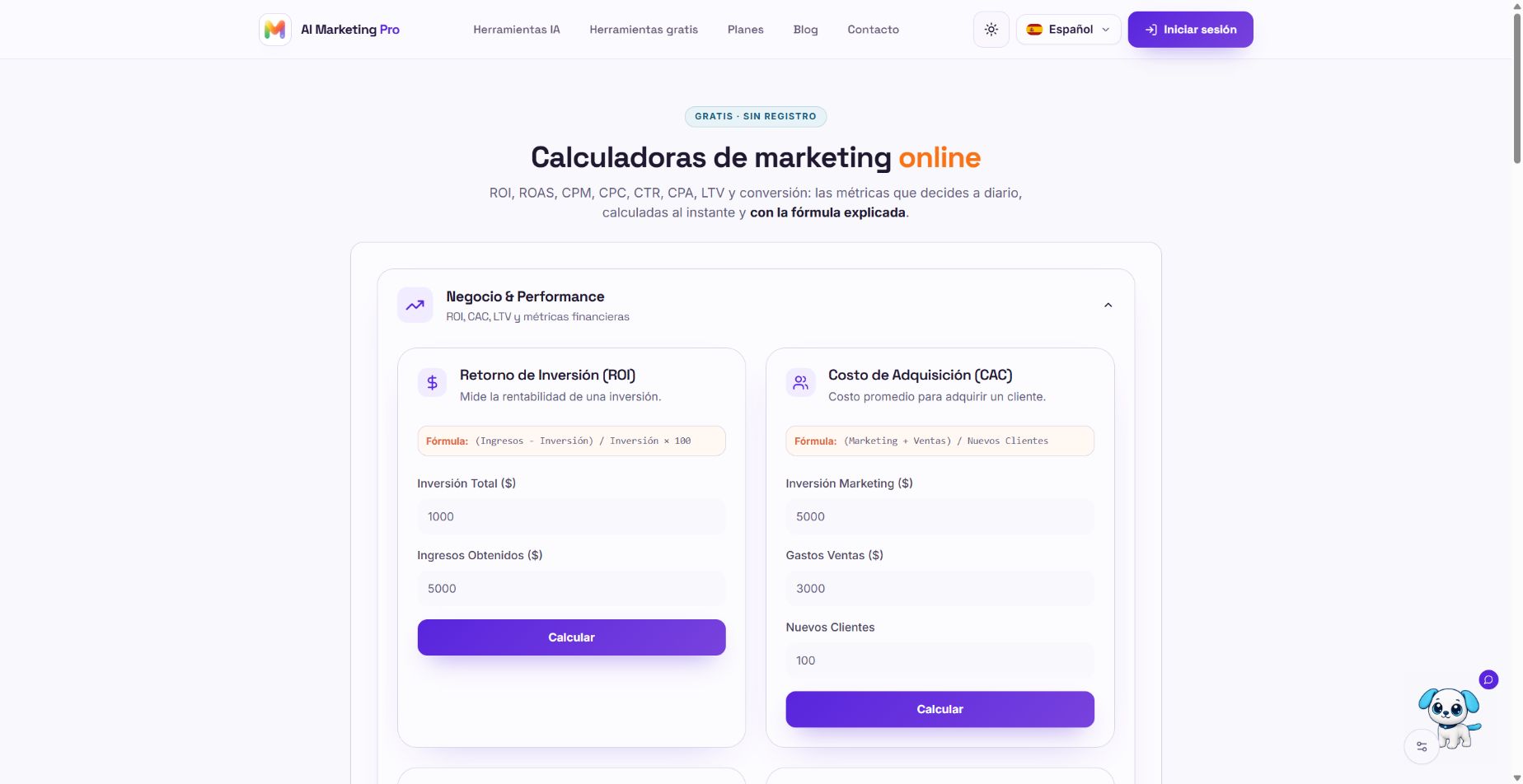 Calculadoras de marketing mostrando las fórmulas y campos de ROI y costo de adquisición.