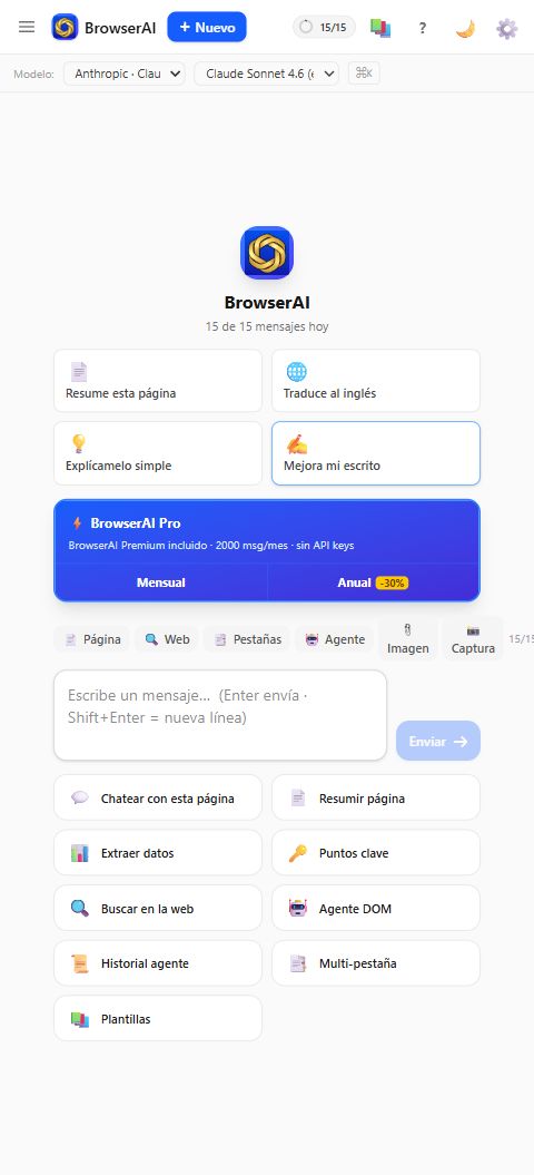 Panel lateral original de BrowserAI en estado vacío, sin conversaciones, con accesos a resumen, traducción y escritura.