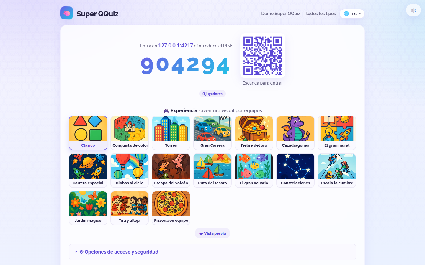 Pantalla real de Super QQuiz en una sesión de demostración, con PIN, QR y selección de experiencias de juego.