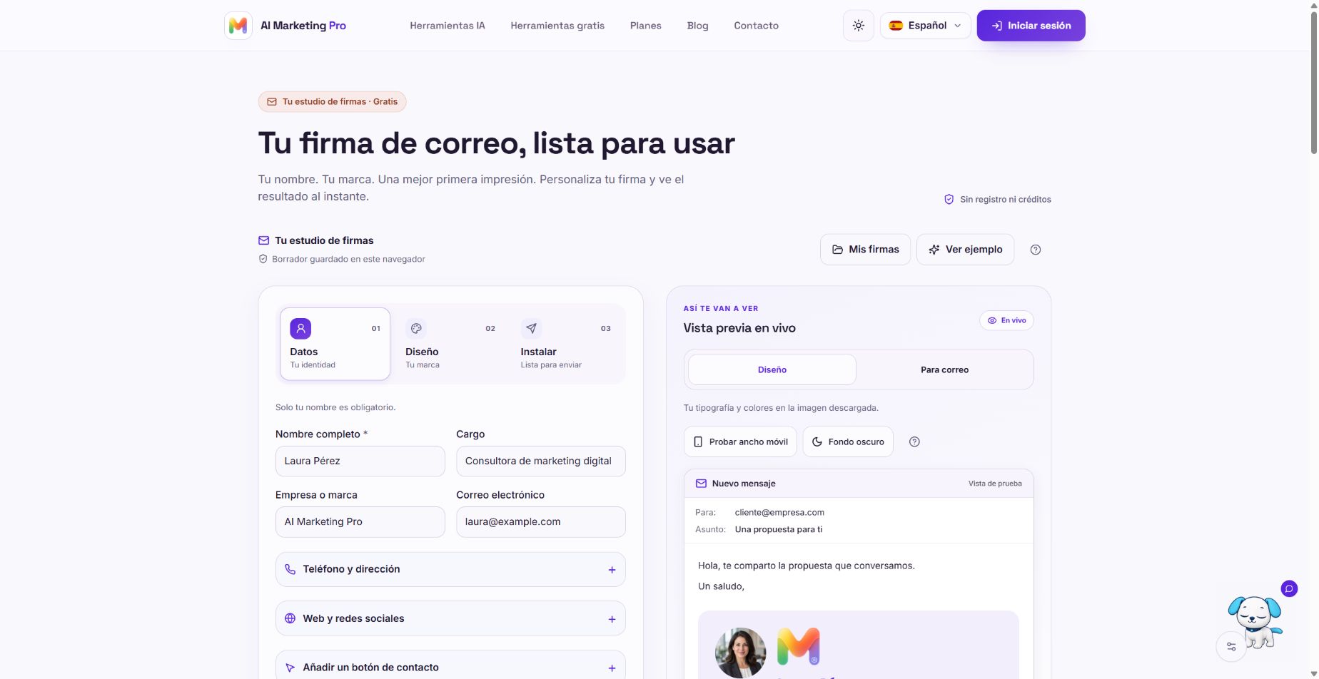 Editor de firmas de email con datos ficticios del ejemplo integrado y previsualización de la firma.