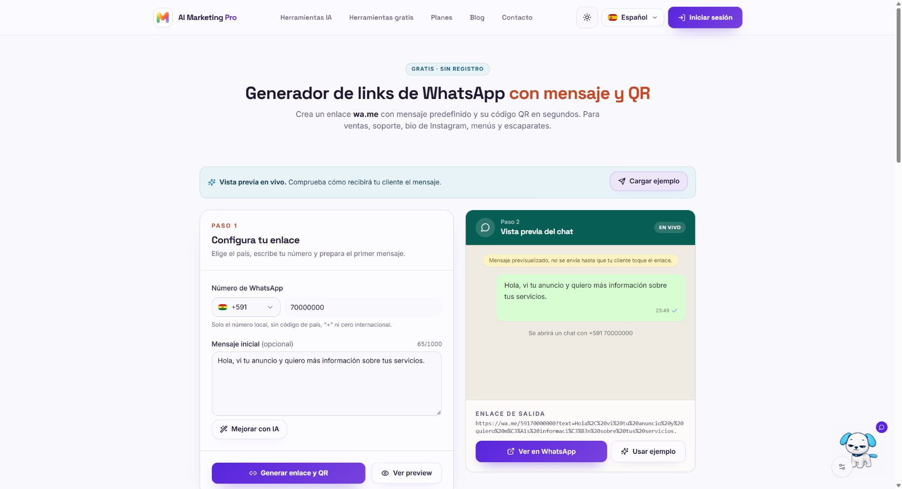 Generador de enlaces de WhatsApp con configuración del enlace y vista previa de conversación de ejemplo.