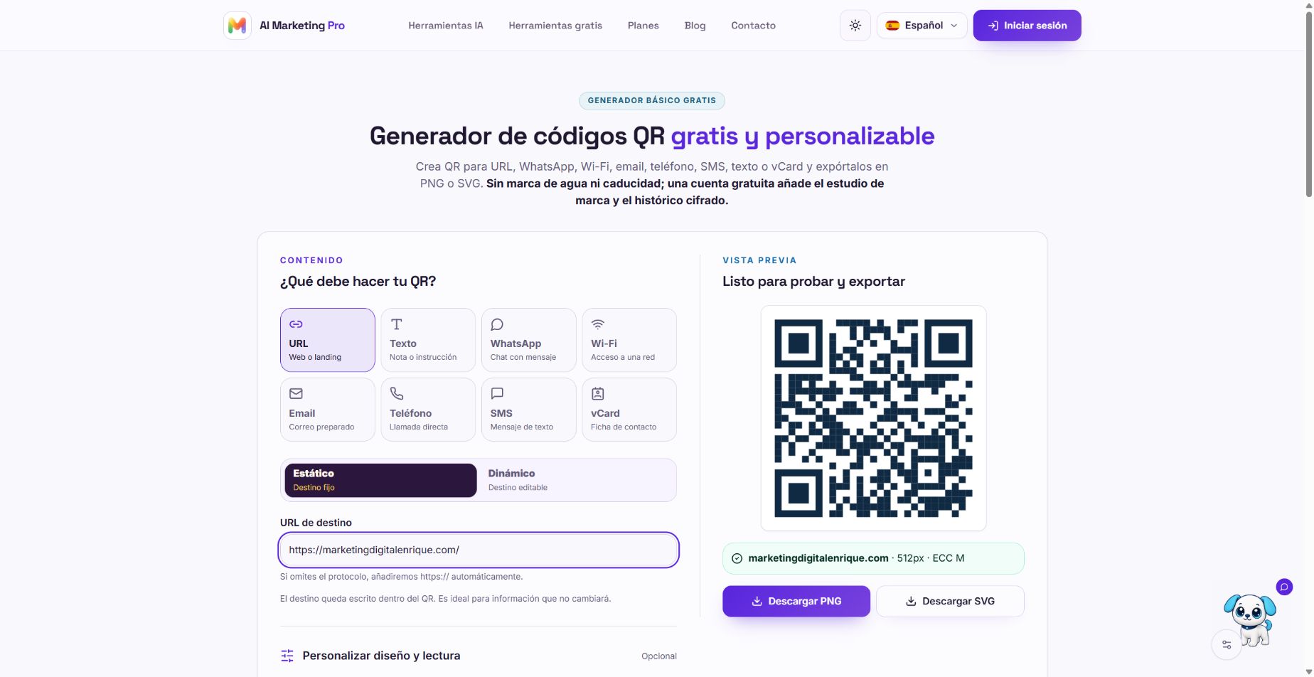 Generador de códigos QR con tipos de contenido y vista previa de un QR para marketingdigitalenrique.com.