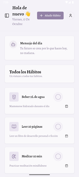 Pantalla de Hábitos Zen con hábitos de beber agua, leer y meditar y sus controles de seguimiento.