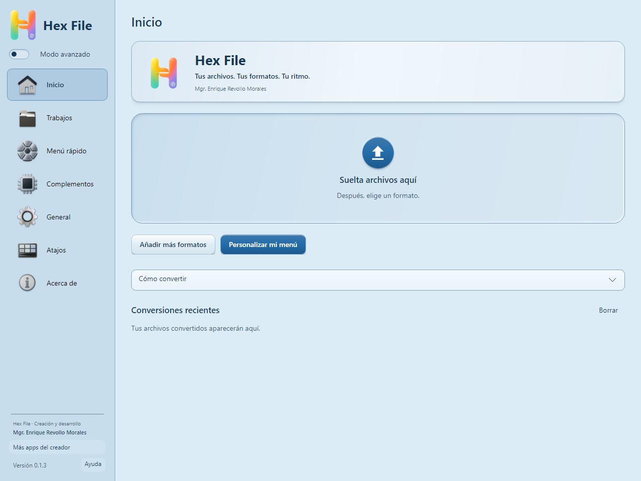 Inicio real de Hex File con selección de archivos y controles de conversión, sin archivos personales.