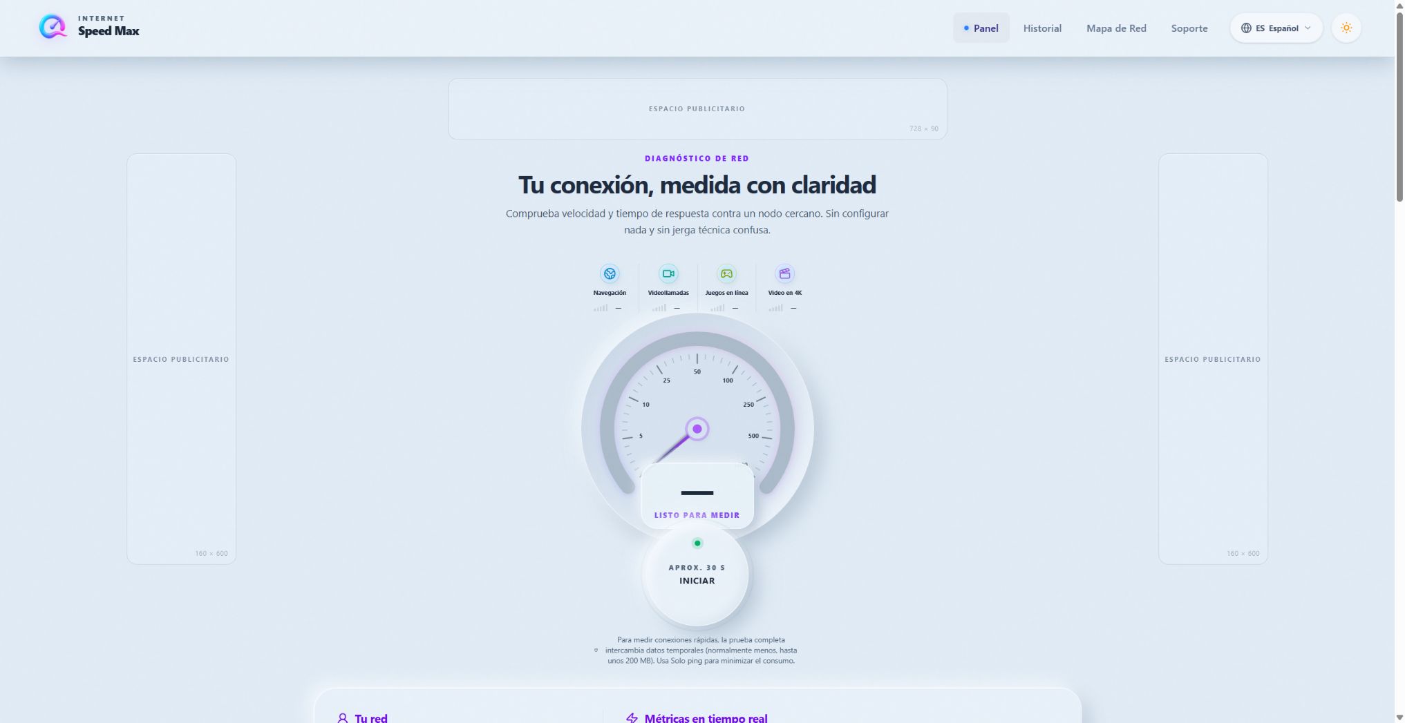 Panel público de Internet Speed Max con medidor de velocidad preparado para iniciar una prueba.