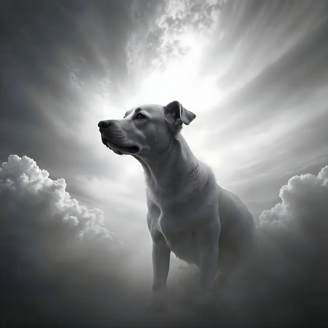 Portada oficial de Adiós amigo fiel: un perro entre nubes iluminadas, en blanco y negro.
