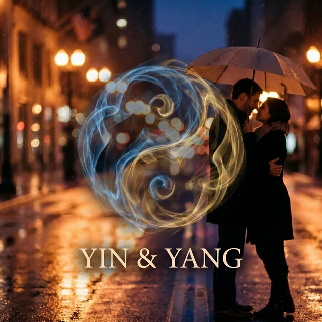 Portada oficial de La Pieza que me falta: una pareja bajo un paraguas y un símbolo de yin y yang luminoso.