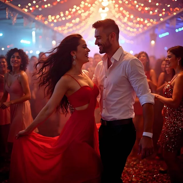 Portada oficial de Músicas para año nuevo - VOL 01: una pareja baila bajo luces festivas.