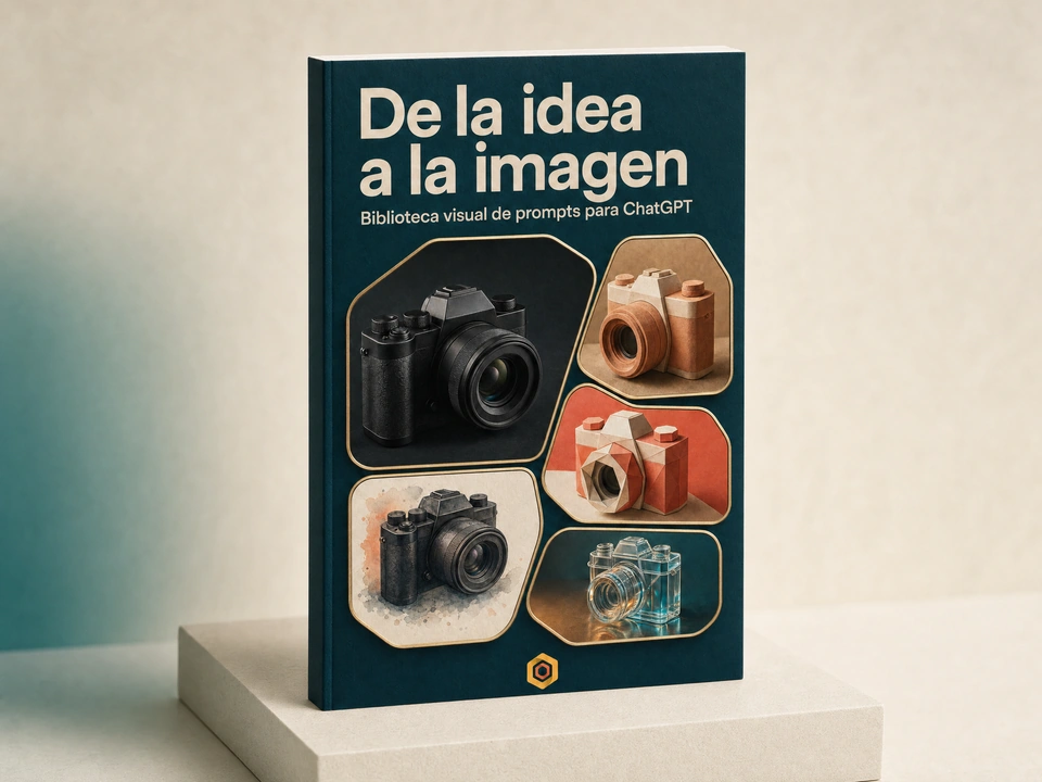 Guía De la idea a la imagen sobre una base marfil: portada Óptica creativa con una cámara representada en distintas direcciones visuales.