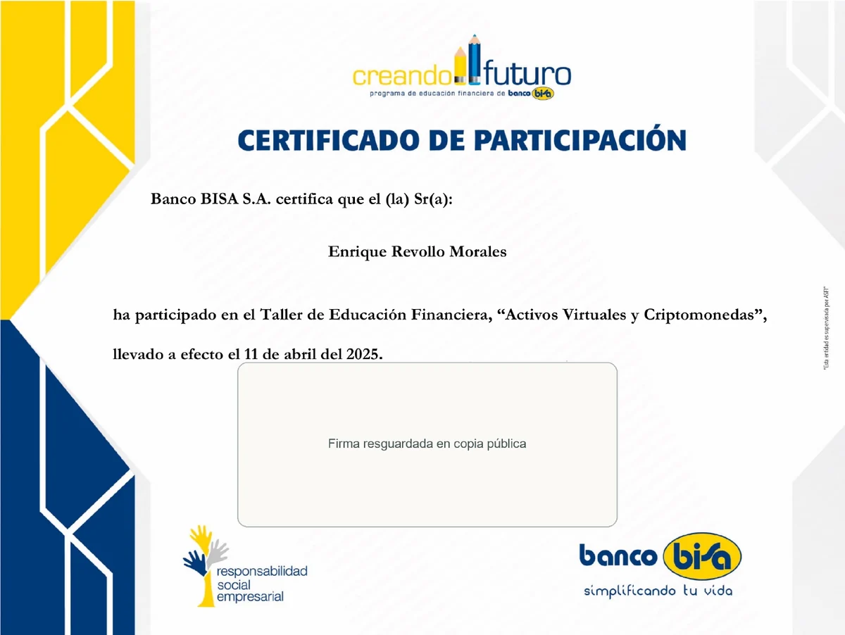 Certificado de Activos Virtuales y Criptomonedas, Banco BISA