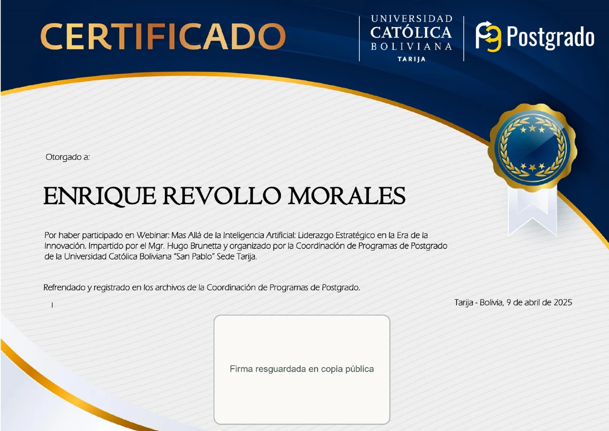Certificado de Más allá de la IA: liderazgo estratégico en la era de la innovación, UCB Tarija
