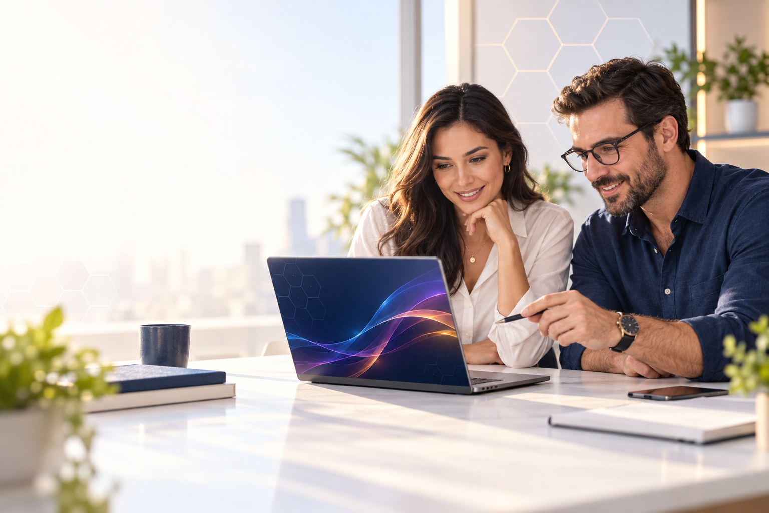 Dos profesionales analizando contenido digital en una computadora