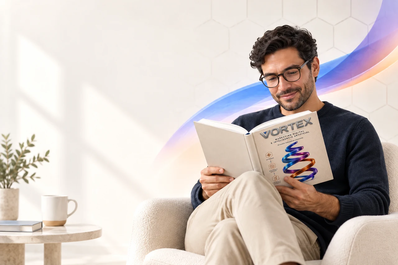 Escena editorial de un lector con la portada impresa de VORTEX en el libro que sostiene