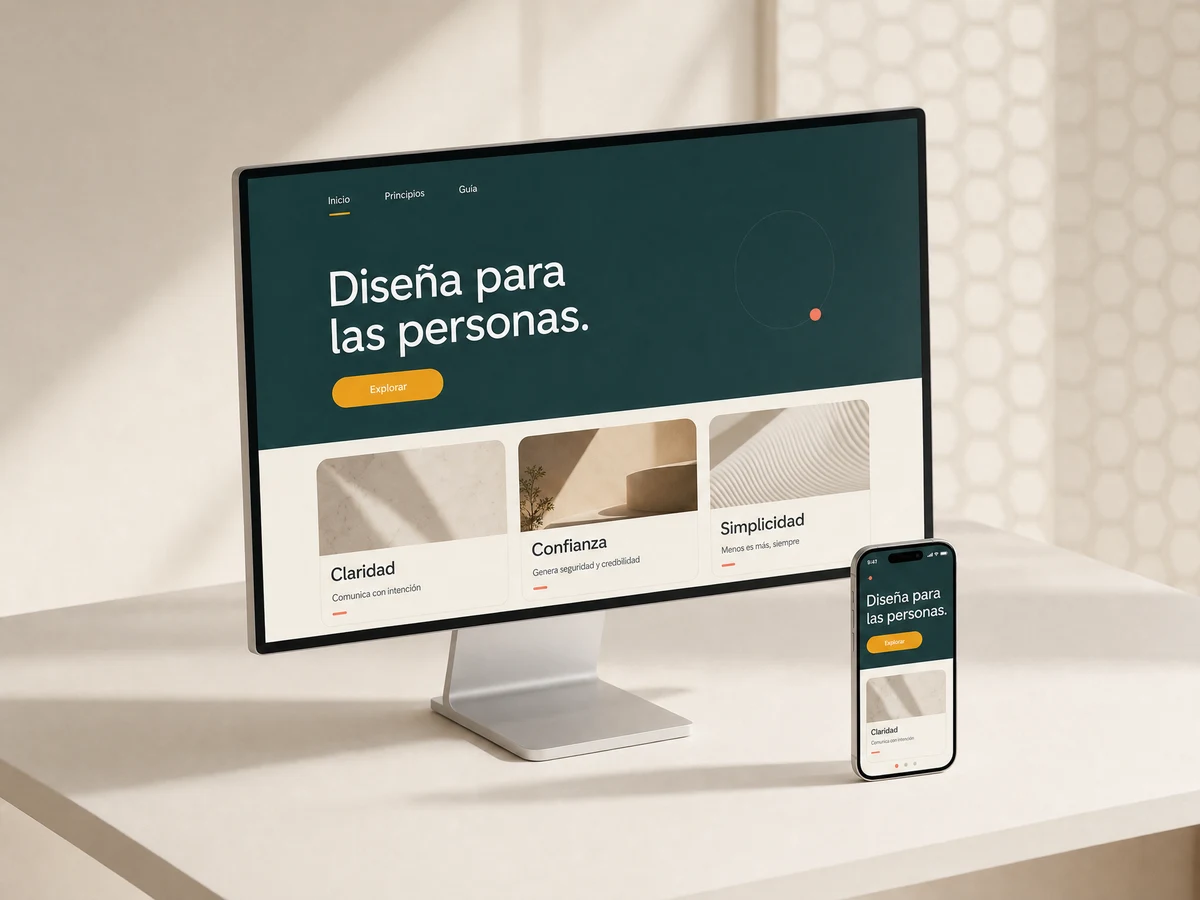 Estudio de diseño con interfaces de escritorio y móvil