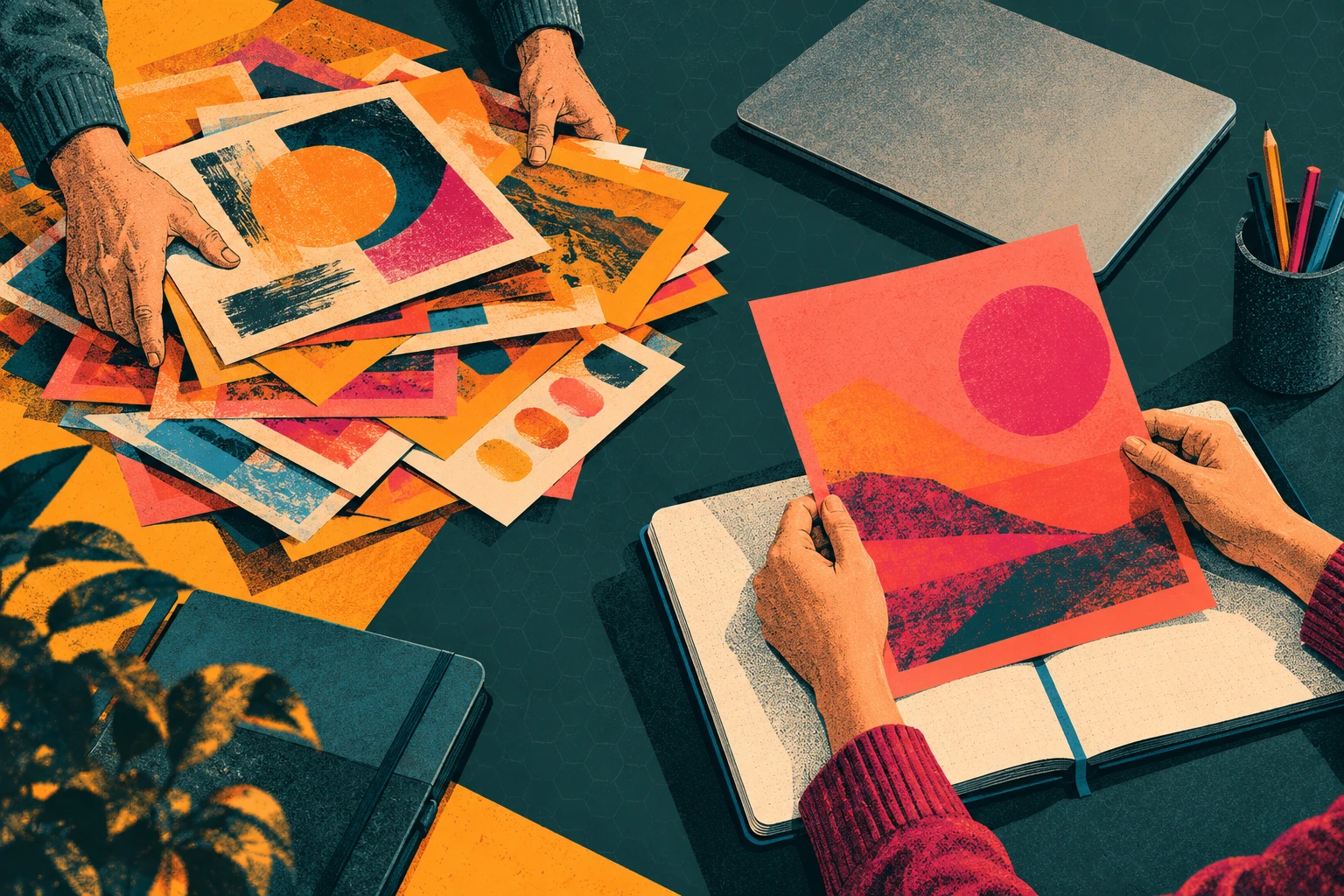 Dos personas revisan y seleccionan propuestas creativas sobre una mesa de trabajo, en una ilustración editorial.
