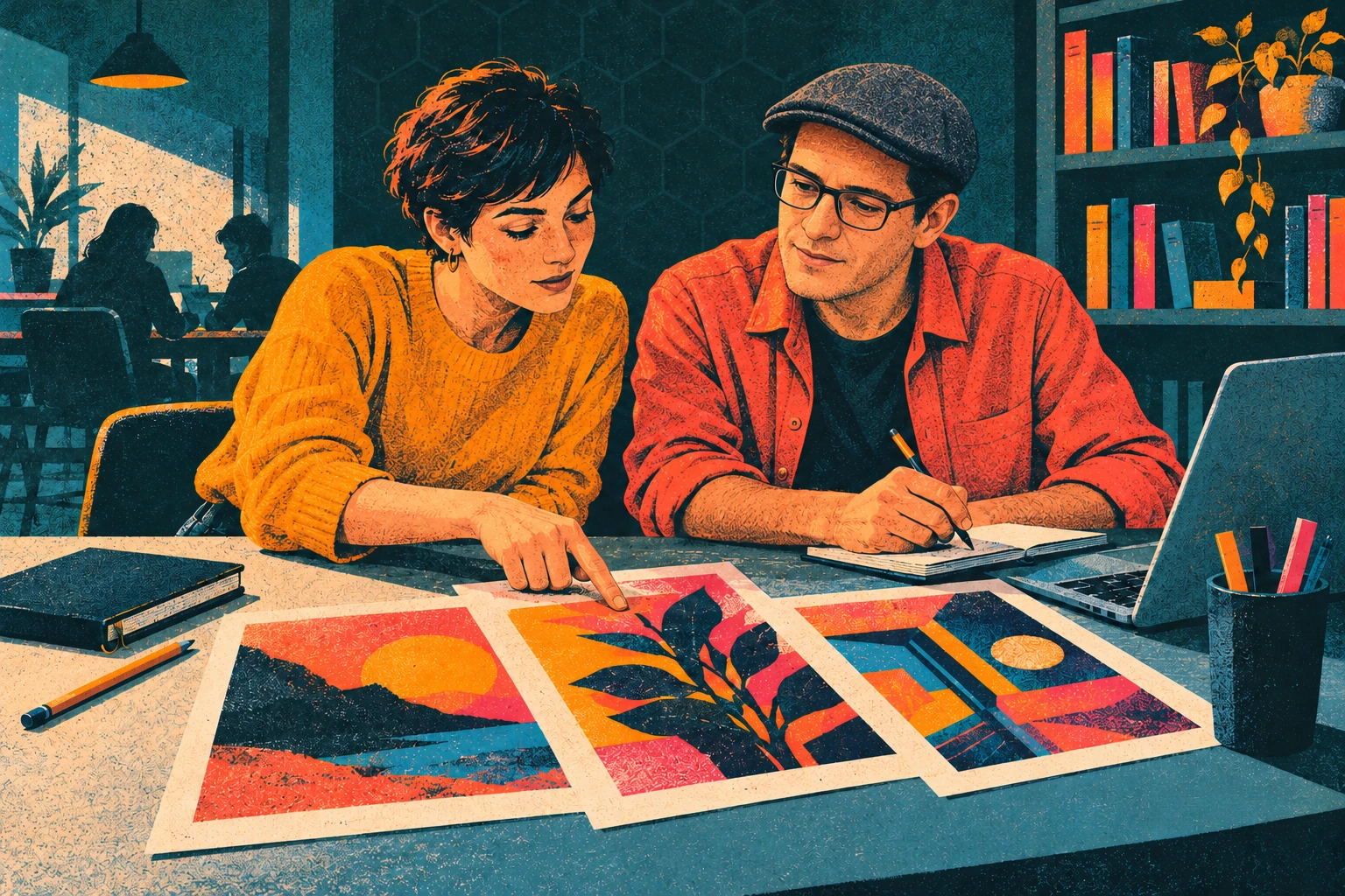 Ilustración de Enrique Revollo, con gorra y gafas, trabajando con una participante sobre un ejercicio visual.