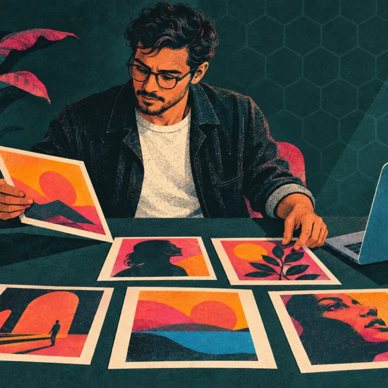 Ilustración editorial de un profesional que selecciona piezas de una campaña junto a su portátil, con criterio humano y apoyo de IA.