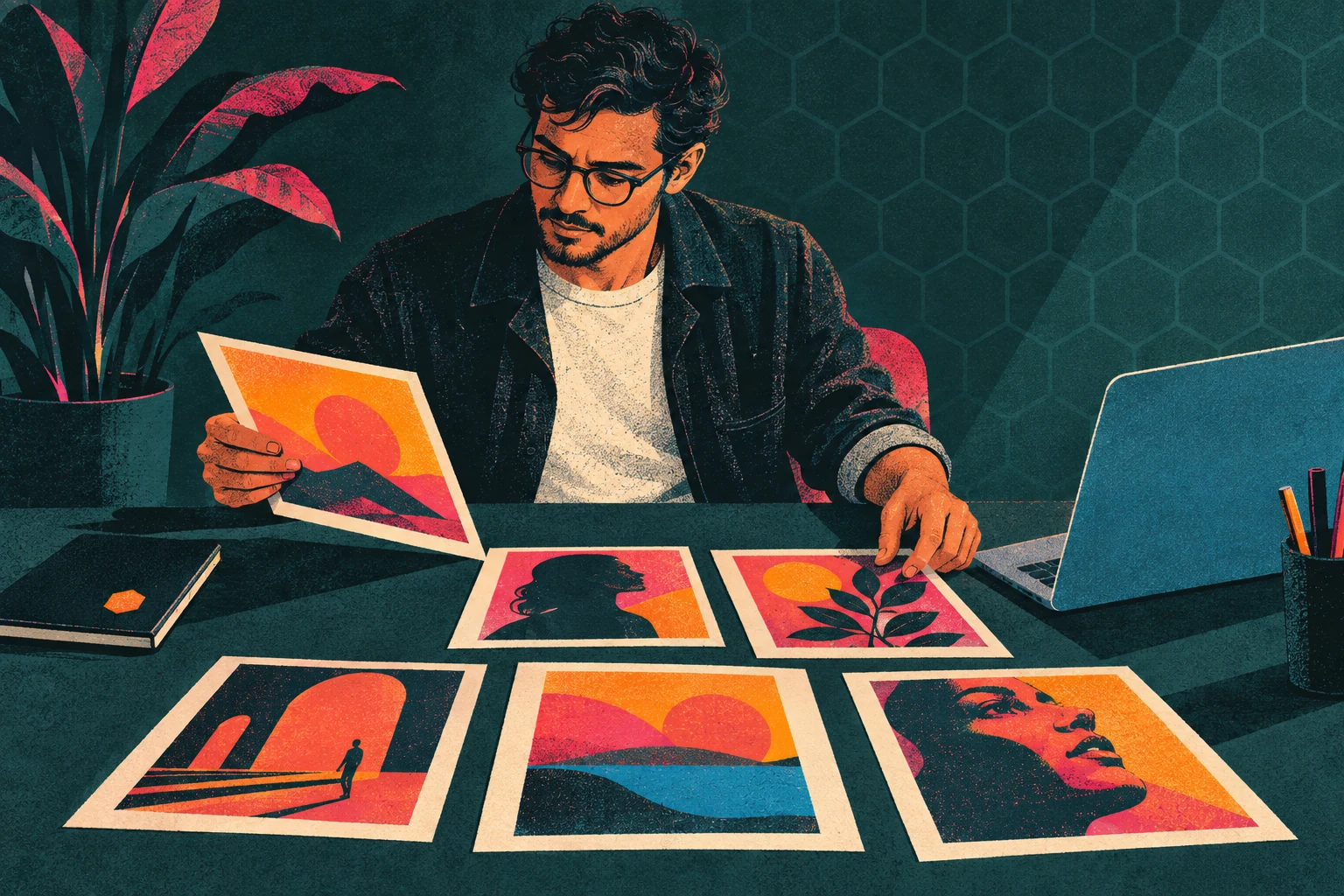 Ilustración editorial de un profesional que selecciona piezas de una campaña junto a su portátil, con criterio humano y apoyo de IA.